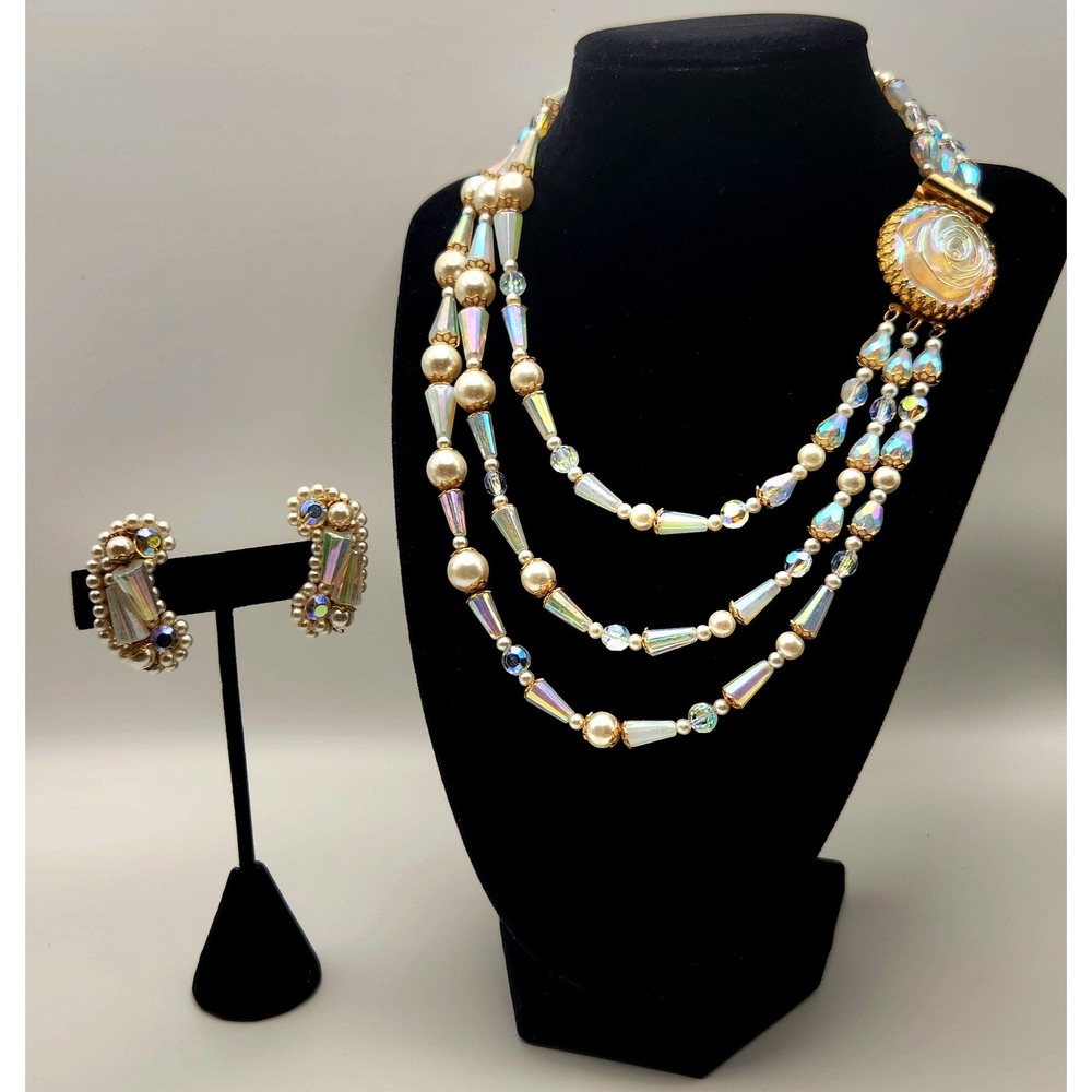 Vintage Hobe AB Crystal Faux Pearl 3 Strand Necklace Earrings Demi Parure Set